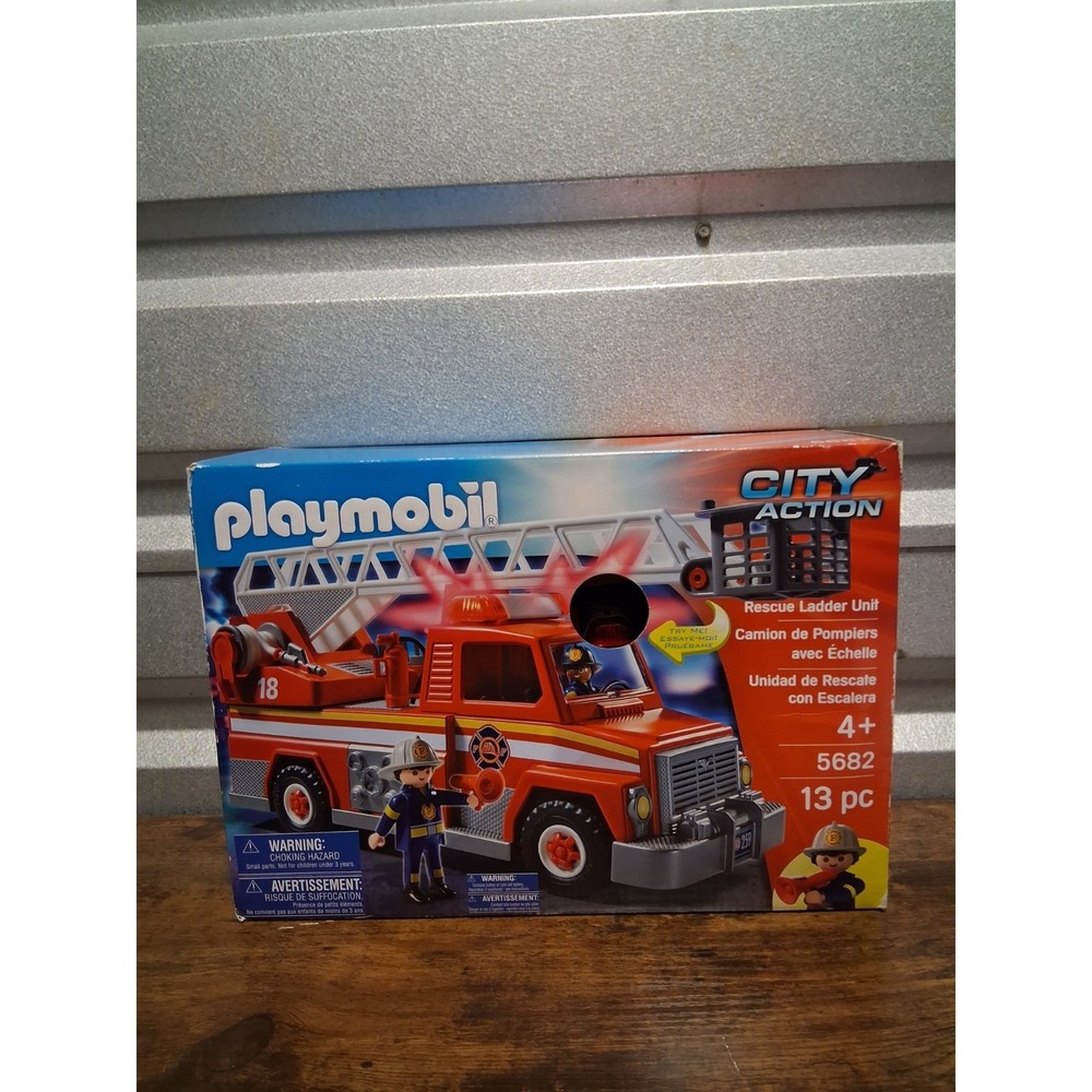 Playmobil CITY ACTION Rescue Ladder Unit FIRE TRUCK 5682 w Lights & Sound 13pc